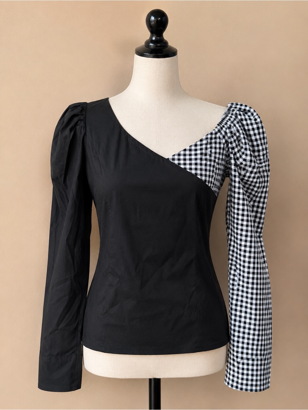 Black Gingham Asymmetrical Long Sleeve Blouse Size S